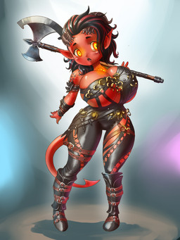 axe big_breasts black_hair boots breasts cleavage clothed clothing female footwear glowing glowing_eyes hair horn huge_breasts humanoid_pointy_ears multicolored_hair pointy_ears red_body red_eyes red_skin shoes shortstack skimpy solo under_boob wide_hips yellow_eyes chochi baldur's_gate baldur's_gate_3 bioware electronic_arts larian_studios karlach demon demon_humanoid humanoid tiefling 2024 3:4 absurd_res digital_media_(artwork) digital_painting_(artwork) hi_res painting_(artwork)