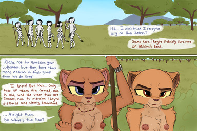 accessory anthro arm_tuft blue_eyes breasts brown_eyes casual_nudity chest_tuft dialogue erection female genitals inner_ear_fluff jewelry male melee_weapon nature necklace nipples nude nude_female nude_male nudist penis polearm savanna small_breasts smile spear text tribal tuft weapon wristband yellow_sclera young lerasmel disney the_lion_guard the_lion_king kiara_(the_lion_king) zuri_(the_lion_guard) equid equine felid feline lion mammal pantherine zebra comic digital_media_(artwork) english_text hi_res