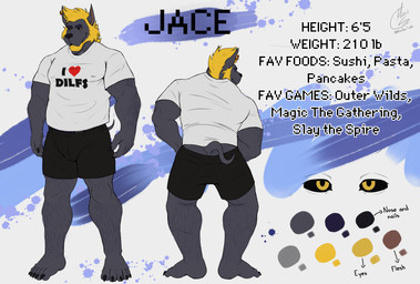 anthro beard black_sclera blonde_hair clothed clothing facial_hair fur grey_body grey_fur hair hairy male muscular solo text moondantrash jace_(odd) canid canine canis domestic_dog great_dane mammal mastiff molosser absurd_res english_text hi_res model_sheet