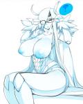 anthro big_breasts breasts chest_tuft confusion eyewear female glasses hair inverted_nipples nipples non-mammal_breasts question_mark solo tuft white_hair slugbox scleriteaeaeaggadah arthropod insect hi_res