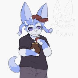 anthro black_clothing black_shirt black_topwear blue_body blue_fur blue_tail bottomwear clothing eyewear fur glasses grey_bottomwear grey_clothing grey_pants hat headgear headwear heart_symbol holding_object imagining male mate_(beverage) pants red_clothing red_hat red_headwear ribbons_(anatomy) serious_face shirt simple_background solo tail text thinking_about_another topwear whiskers kreivi_ruche nintendo pokemon delisylvi_(character) polveon_(character) eeveelution generation_6_pokemon mammal pokemon_(species) sylveon 1:1 digital_media_(artwork) sketch