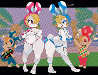 anthro big_breasts black_border black_eyes blonde_hair blue_clothing blue_headwear blue_swimwear blush blush_stickers border breasts buckteeth clothing cotton_tail duo eyelashes feet female fur green_nose hair headgear headwear navel open_mouth open_smile pink_clothing pink_headwear pink_swimwear smile swimwear teeth thick_thighs white_body white_fur wide_hips miaval_tec animal_crossing nintendo chrissy_(animal_crossing) francine_(animal_crossing) lagomorph leporid mammal rabbit hi_res