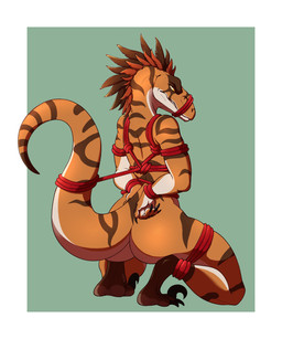 ambiguous_gender anthro arms_tied bdsm bondage bound butt claws feathers feet hands_behind_back head_feathers kneeling legs_tied male muzzle_(object) muzzled nude orange_body orange_scales rear_view restraints rope rope_bondage rope_harness scales solo tail tail_tied talons toe_claws toes arttukorppu dinosaur dromaeosaurid feathered_dinosaur feathered_scalie prehistoric_species reptile scalie theropod velociraptor 5:6 absurd_res hi_res