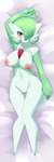 bed big_breasts blush breasts dakimakura female furniture genitals green_hair hair looking_at_viewer lying navel nipples not_furry nude on_bed pussy red_eyes smile solo jcdr nintendo pokemon nougat_(character) gardevoir generation_3_pokemon mammal pokemon_(species) 1:3 absurd_res dakimakura_design hi_res