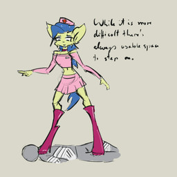 ambiguous_gender anthro blue_hair bottomwear breasts clothing dominant dominant_female duo eyeshadow female footwear fur green_body green_fur grey_background hair high_heels looking_down lying makeup navel nurse pink_bottomwear pink_clothing pink_skirt shoes simple_background skinny skirt small_breasts standing text trampling celera_prime anon cookie_(celera_prime) human mammal 1:1 digital_media_(artwork) english_text