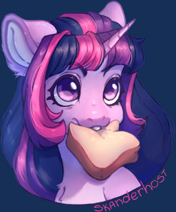 bite bread cat_smile chest_tuft female feral food horn inner_ear_fluff looking_offscreen solo tuft skanderhost friendship_is_magic hasbro my_little_pony mythology twilight_sparkle_(mlp) equid equine mammal mythological_creature mythological_equine unicorn alpha_channel headshot_portrait hi_res portrait