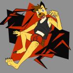 abstract_background anthro barefoot biped briefs bulge claws clothing detailed_bulge feet genital_outline male penis_outline red_briefs red_clothing red_underwear shirt solo tank_top tongue tongue_out topwear underwear fuze fuzeyeen hyena mammal spotted_hyena 1:1 hi_res