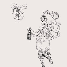 5_eyes 6_arms accessory alcohol_bottle anthro beverage_bottle blush blush_lines boots bottle bow_ribbon bow_tie breasts clothed clothing container cup eyes_closed fangs female footwear grey_background hair_accessory hair_bow hair_ribbon hand_on_hip holding_object lipstick makeup multi_arm multi_eye multi_limb open_mouth open_smile pigtails raised_leg ribbons shoes simple_background small_waist smile solo tea_cup teeth tongue khutokun undertale undertale_(series) muffet arachnid arthropod spider 1:1 hi_res monochrome