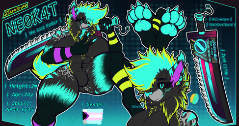 anthro big_breasts big_feet breasts chainsword claws ear_piercing feet foot_focus fur gynomorph hair holding_object holding_weapon intersex longsword looking_at_viewer melee_weapon neon nude open_mouth pawpads paws piercing smile solo sword tail text tongue tongue_out weapon ne0k4t ne0k4t_(character) felid feline lynx mammal neon_lynx absurd_res digital_media_(artwork) hi_res model_sheet