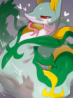 ambiguous_feral ambiguous_gender bodily_fluids feral forked_tongue green_body heart_symbol hollow_body kemono multicolored_body narrowed_eyes pink_tongue red_eyes serpentine smile solo solo_focus speech_bubble steam tongue tongue_out unusual_anatomy vore tianhua nintendo pokemon generation_5_pokemon pokemon_(species) serperior 3:4 hi_res