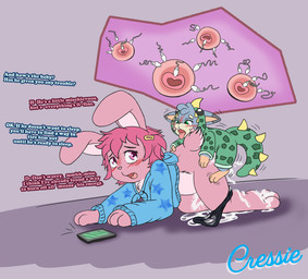 accessory age_difference all_fours andromorph anthro babysitter blush blush_lines bodily_fluids calling cellphone clothing clothing_aside cum cum_on_clothing cum_on_panties cum_on_underwear dialogue dinosaur_costume doggystyle duo electronics excessive_cum excessive_genital_fluids first_time_vaginal from_behind_position genital_fluids hair_accessory hairpin heart_symbol hoodie impregnation impregnation_view inexperienced intersex larger_sub male male/male male_impregnation motion_lines older_penetrated onesie ovum ovum_penetration ovum_with_heart panties panties_aside penetration phone sex size_difference speech_bubble sperm_cell submissive text toddler tongue tongue_out topwear underwear underwear_aside young young_male conditional_dnp cressie wildstar gibbous_muenster_(character) chua lagomorph leporid mammal rabbit rodent english_text hi_res