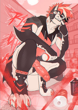 animal_genitalia animal_penis anthro big_penis black_body black_fur canine_genitalia canine_penis claws crouching erection fin front_view fur genitals gills hair looking_at_viewer male mostly_nude_anthro mostly_nude_male penis red_eyes red_hair sharp_teeth solo tail tail_fin teeth toe_claws exsys canid canine fish hybrid mammal marine shark