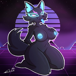 anthro big_breasts black_body black_fur black_nose blue_ears blue_eyes blue_nipples blue_sclera blue_tongue breasts facial_scar female fur looking_at_viewer multicolored_body nipples open_mouth piercing pupils scar sitting sky solo synthwave tail thick_thighs tongue white_pupils wide_hips chaclaveloz epic_games fortnite pack_leader_highwire canid canine canis mammal wolf 1:1 hi_res