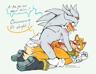 2_tails age_difference anal anal_penetration anthro anthro_on_anthro anthro_penetrated anthro_penetrating anthro_penetrating_anthro balls bangs big_dom_small_sub big_top_small_bottom biped blue_eyes bluesky_handle blush bodily_fluids boots bracelet butt chest_tuft clothing cum cum_on_balls cum_on_butt cum_on_penis dialogue dominant duo erection footwear fur genital_fluids genitals gloves handwear jewelry kneeling larger_anthro larger_male looking_at_another looking_at_partner lying male male/male male_anthro male_penetrated male_penetrating male_penetrating_male mostly_nude mostly_nude_anthro mostly_nude_male multi_tail nervous nervous_sweat on_back orange_body orange_fur penetration penile penile_penetration penis penis_in_ass red_penis sex shoes short_anthro short_male short_tail simple_background size_difference smaller_anthro smaller_male smile socks speech_bubble spines sweat tail teeth_showing text tuft twitter_handle vein veiny_penis white_background white_body white_clothing white_footwear white_fur white_gloves white_handwear white_socks yellow_eyes young young_anthro young_male young_penetrated relatedturtles sega sonic_the_hedgehog_(series) miles_prower silver_the_hedgehog canid canine eulipotyphlan fox hedgehog mammal 2025 artist_name digital_media_(artwork) english_text hi_res url