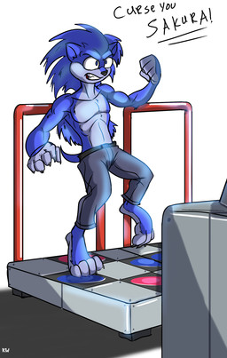 4_toes 5_fingers annoyed anthro athletic athletic_anthro athletic_male barefoot biped blue_body blue_eyes blue_fur blue_hair bottomwear claws clenched_teeth clothed clothing countershade_face countershade_feet countershade_hands countershade_torso countershading dialogue digitigrade electronics feet finger_claws fingers fist fur fur_hair grey_claws grey_nose hair handrail male mane multicolored_body multicolored_fur on_one_leg pants pants_only paws pecs raised_foot simple_background snout solo spiky_hair standing tail teeth text toe_claws toes topless two_tone_body two_tone_fur white_background black-rat bemani dance_dance_revolution konami zing_(character) eulipotyphlan hedgehog mammal cel_shading english_text hi_res shaded signature