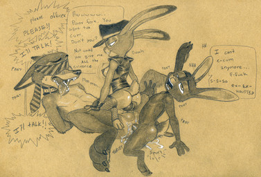 anal anal_penetration animal_genitalia animal_penis anthro anthro_on_anthro anthro_penetrated anthro_penetrating anthro_penetrating_anthro balls begging bisexual blindfold bodily_fluids breasts canine_genitalia canine_penis claws clothing collar cum cum_in_ass cum_inside dialogue dominant dominant_female drooling erection exhausted female female_on_top female_penetrated female_supporting_yaoi fingerless_gloves fishnet_clothing fishnet_legwear forced genital_fluids genitals gloves group group_sex half-closed_eyes hands_behind_back handwear jacket kneeling knot legwear lucky_pierre lying male male/female male/male male_penetrated male_penetrating male_penetrating_female male_penetrating_male narrowed_eyes nipples nude on_back on_top open_mouth orgasm_denial pawpads penetrating_while_penetrated penetration penile penile_penetration penis penis_in_ass penis_in_vagina police police_hat saliva sex size_difference smile sound_effects spreading submissive submissive_male text threesome tongue tongue_out topwear trio vaginal vaginal_penetration tush_(artist) disney zootopia judy_hopps nick_wilde vesairus canid canine fox lagomorph leporid mammal rabbit red_fox true_fox absurd_res english_text hi_res huge_filesize monochrome