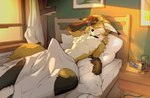 anthro bed_sheet bedding bedroom biped bug_(praexon) detailed_background erection fur groggy hidden_erection inside male male_anthro morning_wood mostly_nude one_eye_closed solo sound_effects white_body white_fur yellow_body yellow_fur peachygho canid canine fox mammal true_fox hi_res