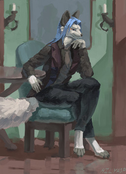 anthro clothed clothing detailed_background fully_clothed inside looking_at_viewer side_view sitting solo hilyasp arctic_fox canid canine fox mammal true_fox 2025 absurd_res digital_media_(artwork) digital_painting_(artwork) hi_res painting_(artwork)