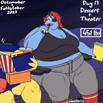 1:1 alphys anthro beverage big_breasts blue_body blue_scales bodily_fluids boots bottomwear breasts candy chocolate clothing dessert dinosaur duo eating eye_patch eyewear female fish food footwear hair hi_res marine movie_theater number obese obese_female overweight overweight_female pants ponytail popcorn prehistoric_species red_eyes red_hair reptile scales scalie shirt shoes signature sitting soda sweat sweatdrop sweatpants tank_top text topwear undertale_(series) undyne weight_gain wenisberry