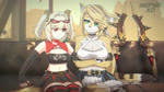 anthro armwear big_breasts blonde_hair breasts cleavage clothed clothing duo eyewear female female/female foreheads_touching green_eyes gun hair hug laugh navel ranged_weapon red_eyes sitting sunglasses weapon yellow_body bepysxd sound_warning mihoyo zenless_zone_zero burnice_white pulchra_fellini domestic_cat felid feline felis human mammal 16:9 animated short_playtime sound webm widescreen