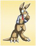 3_toes 4_fingers anthro black_nose brown_body brown_fur claws clothed clothing eyewear feet fingers fur glasses long_tail male necktie partially_clothed shirt shy solo tail toes topwear vest emiridian cody_(emiridian) kangaroo macropod mammal marsupial hi_res