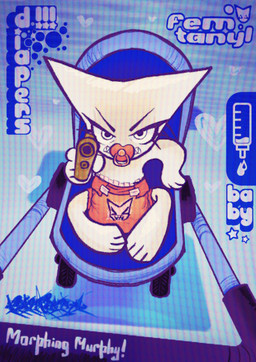abdl age_regression ambiguous_gender anthro big_ears clothed clothing diaper eyelashes gun object_in_mouth pacifier pacifier_in_mouth ranged_weapon size_difference solo stroller weapon wearing_diaper kripa morphing_murphy femtanyl token_(femtanyl) felid mammal absurd_res hi_res