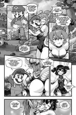 ahoge armband big_breasts big_butt boots bracelet breasts butt chain cleavage clothed clothing collar crown dialogue ear_piercing facial_hair female footwear giant_mushroom gloves grass hair handwear hat headgear headwear horn hug jewelry leotard licking long_hair male mustache overalls piercing plant pointy_ears pouting presenting presenting_hindquarters sharp_teeth shell shoes sideburns small_breasts speech_bubble spiked_armband spiked_bracelet spiked_collar spiked_shell spiked_tail spikes spikes_(anatomy) strapless_clothing strapless_leotard super_crown sweater tail teeth text tongue topwear tree turtleneck twintails_(hairstyle) wedgie pencils_(artist) bowsette_meme mario_bros nintendo bowser chompette mario bullet_bill human humanoid koopa mammal scalie absurd_res comic english_text greyscale hi_res meme monochrome