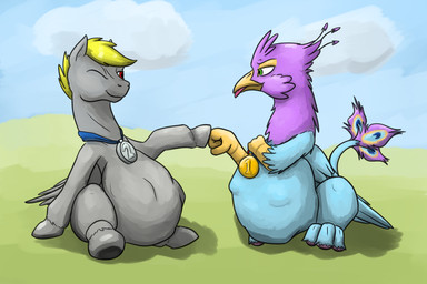 abdominal_bulge ambiguous_gender ambiguous_prey avian_feet beak blue_body duo_focus feathered_crest feathered_wings feathers feral feral_pred fist_bump fully_inside gesture green_eyes grey_body group head_crest male male_pred medal one_eye_closed paws pink_body quadruped same_size_vore tail tail_tuft tongue tongue_out tuft vore wings doesnotexist gyrotech hasbro my_little_pony mythology gyro_feather lightning_flash_(oc) avian bird equid equine galliform gryphon mammal mythological_avian mythological_creature mythological_equine peafowl pegasus phasianid 3:2 digital_media_(artwork) hi_res