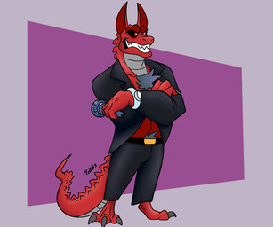 anthro clothing cosplay electronics evil_grin male microphone red_body smile solo suit tail tibbs friday_night_funkin' baku_(tibbs) daddy_dearest_(fnf) reptile scalie 6:5 absurd_res hi_res