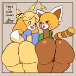 1:1 aggretsuko ailurid animal_crossing anthro anus ass_to_ass big_butt blush bottomless breast_squish breasts breasts_frottage butt canid canine canis clothed clothing domestic_dog duo female genitals hi_res huge_butt ichduhernz isabelle_(animal_crossing) mammal nintendo pussy red_panda retsuko sanrio shih_tzu squish thick_thighs toy_dog