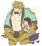 anthro big_bulge black_hair bow_tie bulge clothing detailed_bulge duo female fur hair male muscular muscular_anthro muscular_male navel pecs size_difference striped_body striped_fur stripes thong underwear yellow_body yellow_fur y_y_ko lifewonders tokyo_afterschool_summoners macan_(tas) felid human mammal pantherine tiger