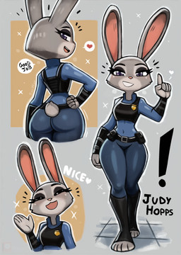 anthro belt breasts butt clothing dialogue emanata exclamation_point eyebrows eyelashes feet female fur gesture grey_body grey_fur hand_gesture heart_symbol open_mouth police police_uniform purple_eyes raised_finger raised_index_finger small_breasts solo uniform wide_hips tonywelt disney zootopia judy_hopps lagomorph leporid mammal rabbit 2025 absurd_res hi_res
