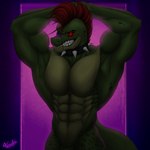 abs absurd_res alligator alligatorid animatronic anthro barazoku biceps black_sclera choker collar crocodilian five_nights_at_freddy's five_nights_at_freddy's:_security_breach flexing glowing glowing_eyes green_body grin hair hands_behind_head hi_res jewelry machine male male/male mohawk montgomery_gator muscular necklace nude pecs pink_background purple_background red_eyes red_hair reptile robot scalie scottgames shaded signature simple_background smile solo spiked_collar spikes steel_wool_studios tail teeth xeresarts