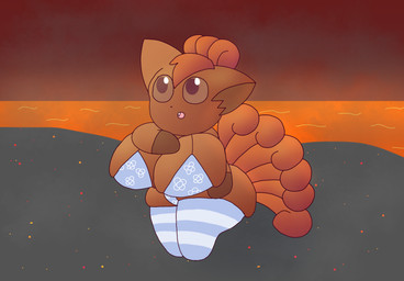 anthro beach big_breasts big_butt bikini breasts butt clothing female footwear huge_breasts lava legwear socks solo swimwear thigh_highs tight_clothing two-piece_swimsuit nanabsylve nintendo pokemon generation_1_pokemon pokemon_(species) vulpix hi_res