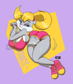 anthro big_breasts big_butt bite biting_lip biting_own_lip blonde_hair blue_eyes breasts butt butt_cleavage cleavage clothed clothing colored_nails female fingers footwear fur grey_body grey_fur hair huge_breasts long_hair looking_back multicolored_body multicolored_fur nails narrowed_eyes ponytail self_bite shoes simple_background smile solo text thick_thighs two_tone_body two_tone_fur under_boob white_body white_fur wide_hips joaoppereiraus conker's_bad_fur_day rareware berri chipmunk ground_squirrel mammal rodent sciurid 2023 character_name hi_res signature
