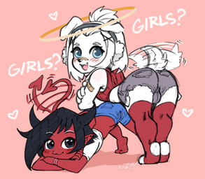 bandage black_hair blue_eyes bottomwear bulge butt butt_focus clothing duo earmuffs eyebrows feet female fur hair halo hotpants leggings legwear male male/female paws red_body red_skin short_stack shorts spade_tail sweater tail tail_motion tailwag thigh_highs topwear white_body white_eyebrows white_fur koud3x knoxi taigaxholic canid canine demon humanoid mammal