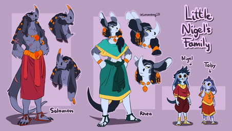 5_fingers anthro athletic belt black_eyes blue_body bottomwear braided_hair bread claws clothed clothing ear_piercing female fingers food footwear frown fur furgonomics group hair handwear horn horn_jewelry jewelry male muscular muscular_anthro muscular_female necklace notched_ear orange_eyes pecs piercing purple_body purple_fur purple_hair sandals scar shoes simple_background skirt smile standing tail tail_through_skirt tail_under_skirt text toe_claws topwear yellow_sclera zummeng nigel_(zummeng) rhea_(zummeng) solomon_(zummeng) toby_(zummeng) hybrid lagomorph leporid mammal rabbit rhinoceros 2021 digital_media_(artwork) english_text headshot_portrait hi_res model_sheet portrait