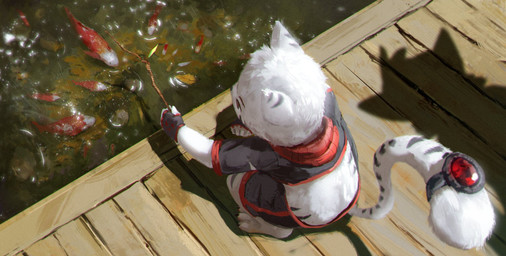 accessory anthro black_bottomwear black_clothing black_shorts bottomwear clothing crouching fingerless_gloves furgonomics gloves handwear high-angle_view holding_object holding_stick jewelry kemono lake male ring shadow shirt shorts solo stick tail tail_accessory tail_jewelry tail_ring topwear white_body young zhongs2011 aquatic felid fish mammal pantherine tiger hi_res