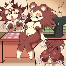 3_toes 4_fingers anthro anthro_penetrated anus areola balls bedroom_eyes belly big_breasts black_nose bodily_fluids breast_grab breast_play breast_squeeze breasts brown_areola brown_body brown_butt brown_ears brown_hair brown_legs brown_nipples brown_pubes brown_tail butt clitoris cowgirl_position disembodied_hand disembodied_penis duo erection eyelashes fabric faceless_character faceless_human faceless_male feet female female_anthro female_penetrated fingers freckled_breasts freckled_face freckles from_front_position front_view furniture genital_fluids genitals glans glistening glistening_balls glistening_butt glistening_genitalia glistening_thighs gloves_(marking) hair half-closed_eyes hand_on_breast hand_on_hip hands_behind_head human_on_anthro human_penetrating human_penetrating_anthro humanoid_genitalia humanoid_penis inside interspecies knock-kneed leg_markings licking looking_down looking_down_at_self male male/female male_human male_penetrating male_penetrating_female markings moan motion_lines multicolored_body narrowed_eyes navel nipples nude nude_anthro nude_human on_bottom on_table on_top oral orange_eyeshadow penetration penile penile_penetration penis penis_in_vagina penis_lick pink_glans plap pointy_nose pubes rear_view seductive sewing_machine sex short_tail sitting sitting_on_table socks_(marking) solo_focus spiky_hair spool squeezing table tail tan_anus tan_belly tan_body tan_breasts tan_face tan_inner_ear tan_vulva text thick_thighs three-quarter_view thrust_lines thrusting titfuck toes tongue tongue_out two_tone_body vaginal vaginal_fluids vaginal_fluids_on_penis vaginal_penetration vulva yarn dex0codex animal_crossing nintendo sable_able eulipotyphlan hedgehog human mammal 1:1 digital_media_(artwork) english_text hi_res sequence