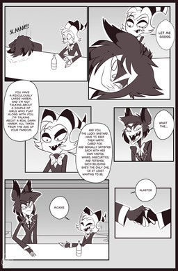 alcohol alcohol_bottle bar bar_scene bar_stool beverage beverage_bottle bottle comic_panel container dialogue duo exhausted freckled_face freckles furniture gesture handshake male motion_lines profanity speech_bubble stool tear_trough text gatojack3 hazbin_hotel hellaverse helluva_boss alastor_(hazbin_hotel) moxxie_(helluva_boss) animal_humanoid deer deer_demon deer_humanoid humanoid imp mammal mammal_humanoid absurd_res comic english_text hi_res