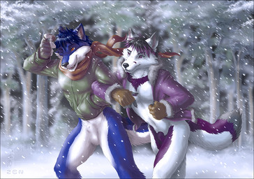 animal_genitalia anthro balls black_nose blue_hair bottomless brown_eyes casual_exposure claws clothed clothing detailed_background duo facial_markings fingerless_gloves fluffy forest fully_sheathed fur genitals gloves hair handwear head_markings jacket male markings one_eye_closed open_clothing open_shirt open_topwear outside plant purple_body purple_clothing purple_eyes purple_fur purple_hair scarf sheath shirt short_hair snow tail topwear tree walking white_body white_fur wind wood zenthetiger canid canine canis mammal wolf 2011