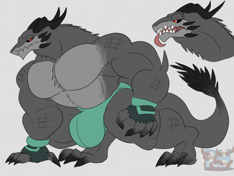 anthro big_bulge big_muscles big_pecs black_claws black_horn black_sclera black_spikes bulge claws clothing dark_sclera fangs fingerless_gloves gloves green_clothing green_gloves green_handwear green_thong green_underwear grey_background handwear horn huge_arms huge_bulge huge_legs huge_muscles huge_pecs huge_thighs looking_at_viewer male muscular muscular_anthro muscular_arms muscular_legs muscular_male muscular_thighs pecs red_eyes simple_background sketchy solo spiked_chest spiked_neck spiked_tail spikes spikes_(anatomy) tail teeth thick_neck thick_thighs thong toe_claws tongue tongue_out torn_clothing torn_gloves torn_handwear underwear daikuhiroshiama mythology kuon_(daikuhiroshiama) dragon komodo_dragon lizard monitor_lizard mythological_creature mythological_scalie reptile scalie 2026 hi_res model_sheet watermark