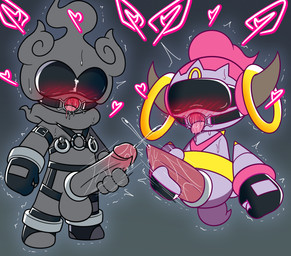 2_horns 4_fingers accessory backless_gloves balls black_clothing black_gloves black_handwear black_nipples blindfold blush blush_lines blushing_profusely bodily_fluids chest_harness clothing cock_ring drooling duo erection fingerless_gloves fingers gag gagged genital_fluids genitals glans gloves grey_background grey_balls grey_body grey_penis group_masturbation hand_on_own_penis hand_on_penis handwear harness heart_symbol horn humanoid_genitalia humanoid_penis jewelry levitation male male/male male_humanoid masturbation mostly_nude mostly_nude_humanoid mostly_nude_male multicolored_body multicolored_penis nipple_piercing nipple_ring nipples open_mouth penile penile_masturbation penis penis_accessory penis_jewelry piercing pink_body pink_glans pink_penis precum precum_squirt purple_body purple_tail ring_gag ring_piercing saliva saliva_string shaking simple_background standing sweat tail tapering_penis tongue tongue_out tremble_spikes trembling two_tone_penis 00freeze00 nintendo pokemon generation_6_pokemon generation_7_pokemon hoopa hoopa_(confined) humanoid legendary_pokemon marshadow pokemon_(species) 2026 digital_drawing_(artwork) digital_media_(artwork) hi_res