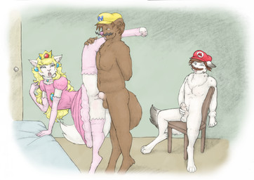 anthro balls bed bodily_fluids breasts chair clitoral_hood clitoris clothed clothed_sex clothing cosplay costume crown cuckold dress ejaculation erection fake_mustache feet female female_penetrated fingers flexible fur furniture genital_fluids genitals group hair half-closed_eyes hand_on_penis hat hat_only headgear headgear_only headwear headwear_only holding_leg humanoid_genitalia humanoid_penis legwear male male/female male_penetrating male_penetrating_female masturbation mostly_nude narrowed_eyes navel nude one_leg_up open_mouth penetration penile penile_masturbation penile_penetration penis penis_in_vagina raised_leg sex simple_background splits spread_legs spreading standing standing_sex stockings tail toes trio vaginal vaginal_penetration vertical_splits voyeur vulva meowmere mario_bros nintendo mario princess_peach wario domestic_cat felid feline felis mammal mustelid otter hi_res