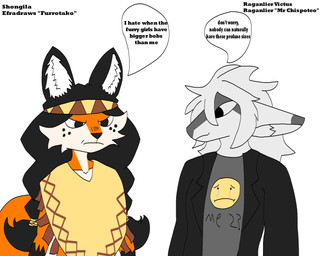 anthro black_clothing black_eyes black_hair black_jacket black_topwear clothing dialogue female femboy freckled_face freckles fur hair jacket male orange_body orange_fur poncho_only shirt text topwear tuft white_body white_fur raganlier mythology raganlier_(character) shongila_(northwind) canid canine dragon fox mammal mythological_creature mythological_scalie scalie 5:4 english_text hi_res