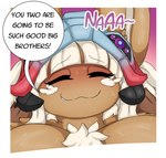 anthro big_breasts blush breasts brown_body brown_fur clothed clothing comic dialogue digital_media_(artwork) english_text female fur hair hi_res lagomorph leporid made_in_abyss mammal nanachi narehate neo_geppetto overweight overweight_female rabbit simple_background slightly_chubby smile solo text white_hair yellow_eyes