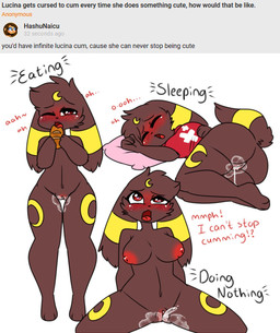 ahegao anthro anthrofied black_body black_fur black_tail blush bodily_fluids bottomless bread clothed clothing eating ejaculation female food fur genital_fluids genitals hands-free looking_pleasured nipples nude open_mouth orgasm orgasm_face pokemorph shirt sleeping solo spontaneous_ejaculation tail text topwear unstoppable_orgasm vaginal_fluids vaginal_squirting vulva hashu nintendo pokemon fan_character lucina_(hashu) canid canine eeveelution generation_2_pokemon mammal pokemon_(species) umbreon 2020 english_text hi_res