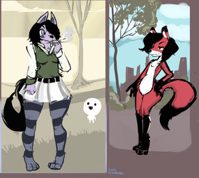 3_toes anthro biped black_hair black_nose black_tail bottomwear breasts chest_tuft cigarette clothed clothing detailed_background dipstick_ears dipstick_tail duo_focus ear_markings featureless_breasts featureless_crotch feet female flat_chested fully_clothed fur gloves_(marking) green_clothing green_topwear grey_clothing grey_legwear group hair leg_markings legwear markings multicolored_body multicolored_clothing multicolored_ears multicolored_fur multicolored_legwear multicolored_tail multicolored_topwear nude pattern_clothing pattern_legwear plant purple_body purple_ears purple_eyes purple_fur red_body red_ears red_fur red_tail skirt smoking socks_(marking) split_screen standing striped_clothing striped_legwear stripes tail tail_markings toes topwear tree tuft two_tone_clothing two_tone_ears two_tone_legwear two_tone_tail two_tone_topwear white_body white_bottomwear white_clothing white_fur white_skirt dirtyscoundrel rory_(dirtyscoundrel) canid canine canis fox mammal wolf 2017 absurd_res colored_sketch digital_media_(artwork) full-length_portrait hi_res multiple_images portrait signature sketch
