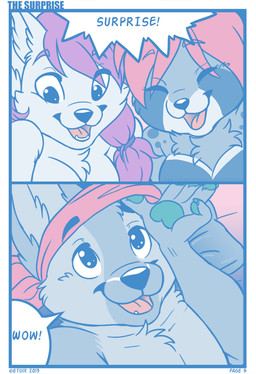 accessory anthro blindfold border excited exclamation_point eyes_closed female fur group hair happy headband lying male on_back open_mouth pink_hair purple_hair simple_background smile surprised white_background white_border etuix kayla_(qckslvrslash) ailurid canid canine canis domestic_dog german_shepherd herding_dog mammal pastoral_dog red_panda 2013 character_request comic