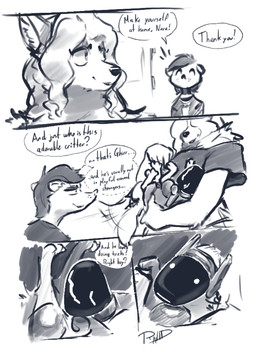 ambiguous_gender anthro dialogue fancy_clothing female feral group hair machine male pet_protogen petting protogen_visor startled text trio ravid_anml ghirr_firewire_mertens_(ravid_anml) nora_seulis_(ravid_anml) tobias_hecaucatl_(ravid_anml) american_opossum canid canine canis mammal marsupial protogen wolf absurd_res comic english_text hi_res monochrome sketch